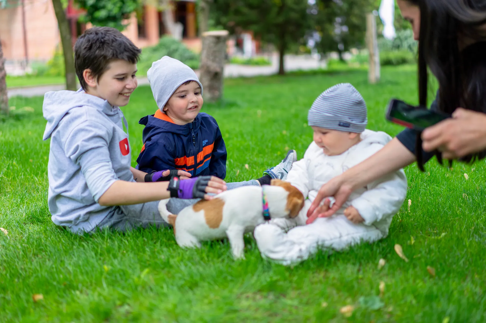 A joyful scene of children interacting with a playful puppy outdoors on a sunny day.