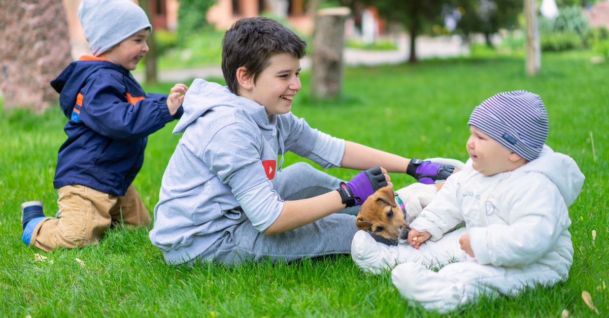 Three children enjoy a day outdoors, playing with a small puppy on a vibrant green lawn.