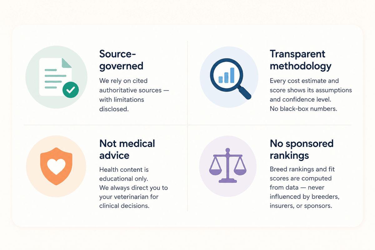 Four pillars of PupWiki trust: Source-governed research with cited authorities and limitations disclosed; Transparent methodology where every cost estimate shows its assumptions; Not medical advice with health content always routing to your veterinarian; No sponsored rankings with breed scores computed from data only.