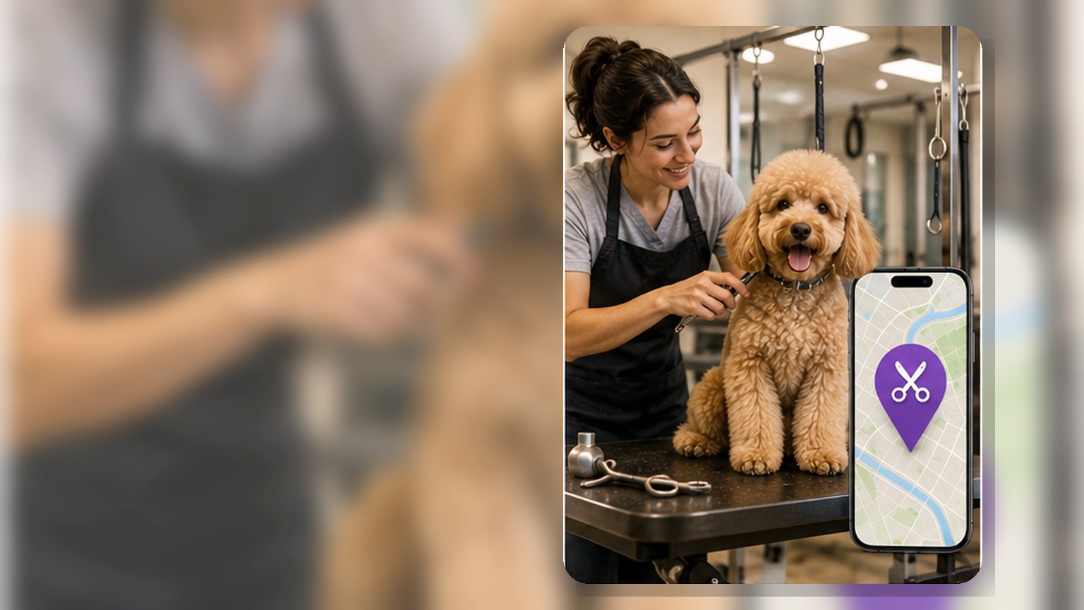 Dog groomer and poodle at a salon with map on phone