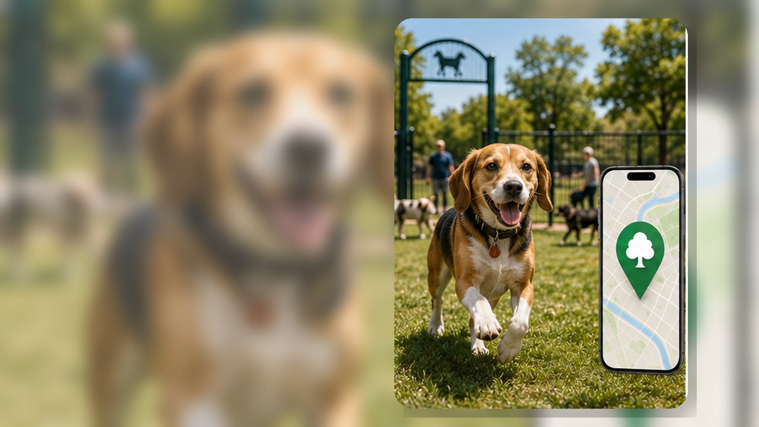 Dogs at a park with map on phone