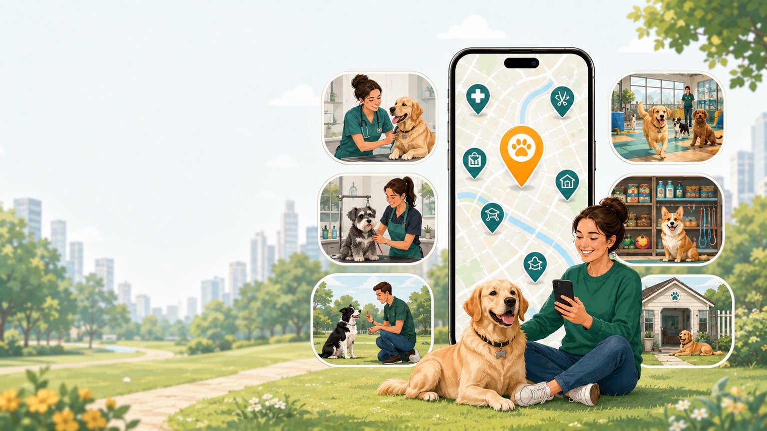 Dog owner browsing local pet services on a phone, surrounded by cards showing veterinary, grooming, boarding, park, pet store, shelter, and training services