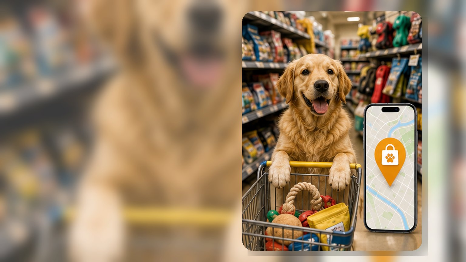 Dog at pet store with map on phone