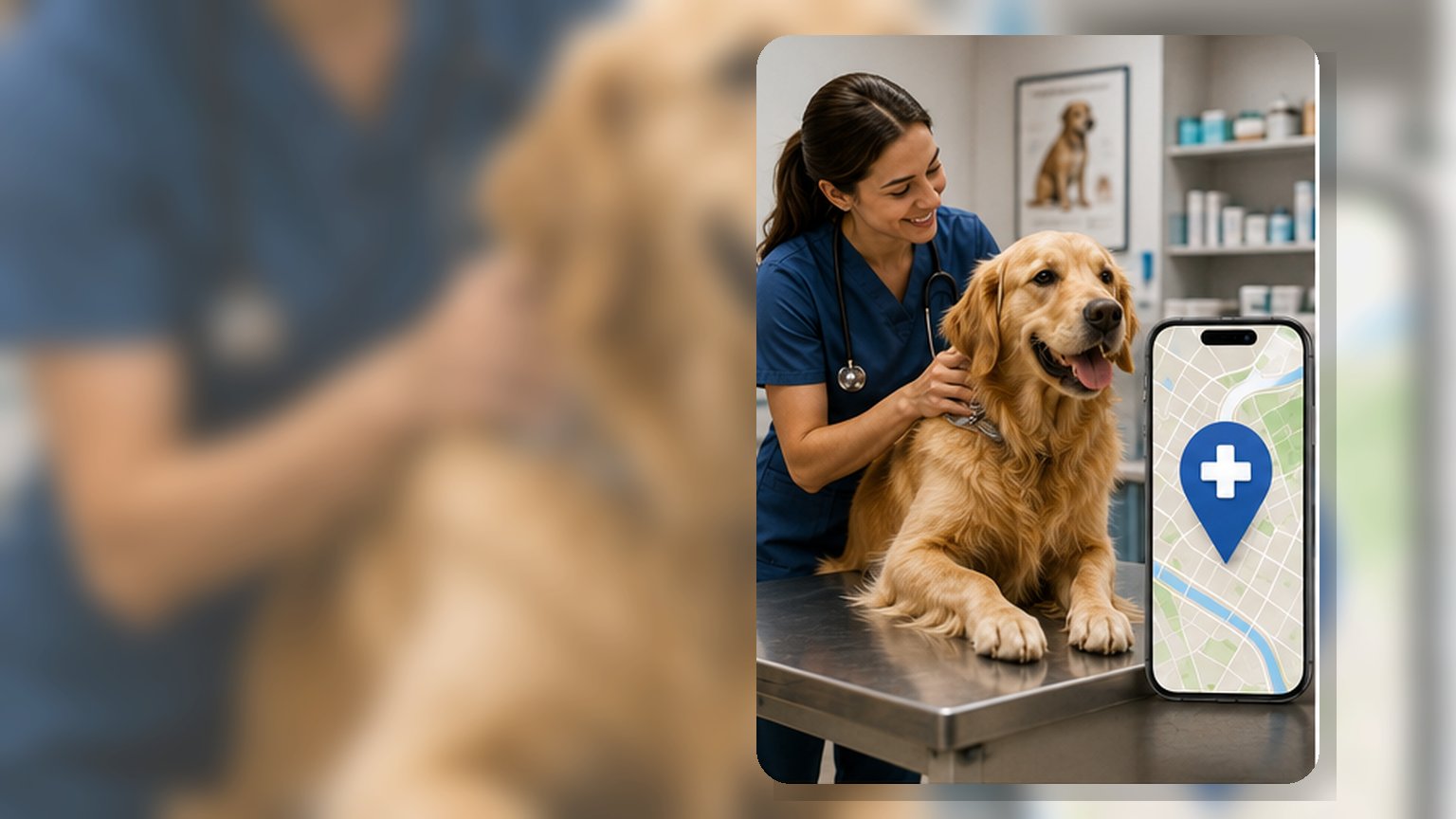 Veterinarian with golden retriever at clinic with map on phone