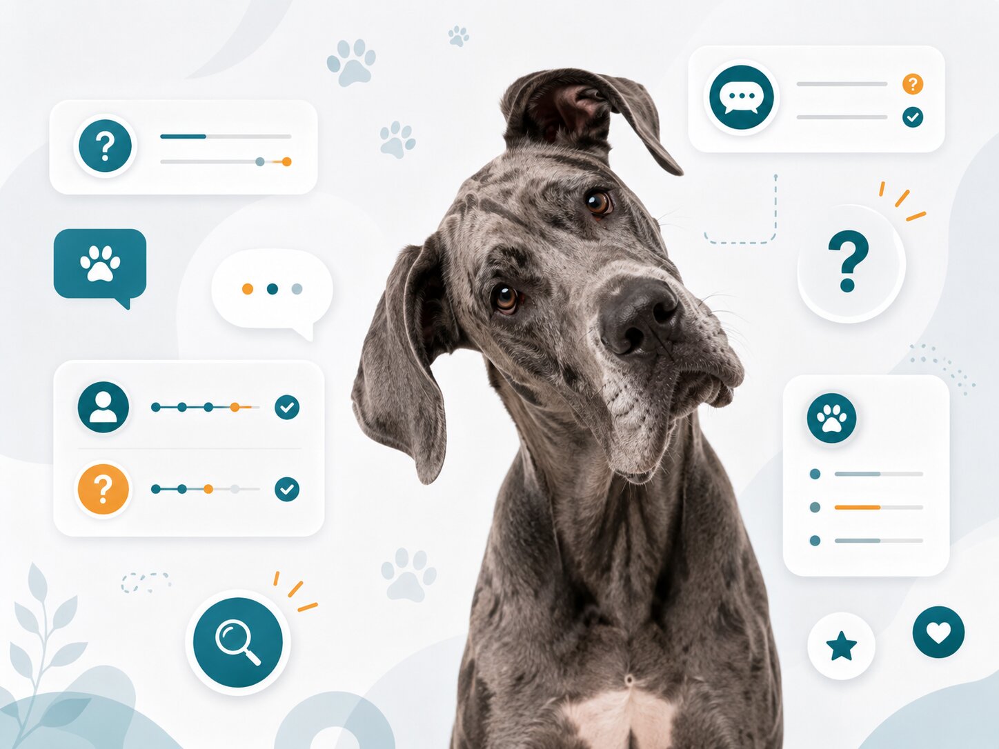 Great Dane with a curious head tilt.— Dog Behavior Checker