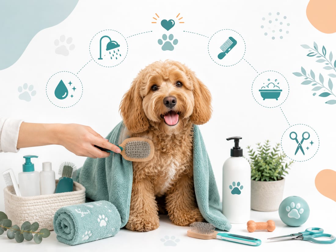 Curly-coated dog being towel-dried with grooming tools and supplies — Dog Grooming Schedule Generator