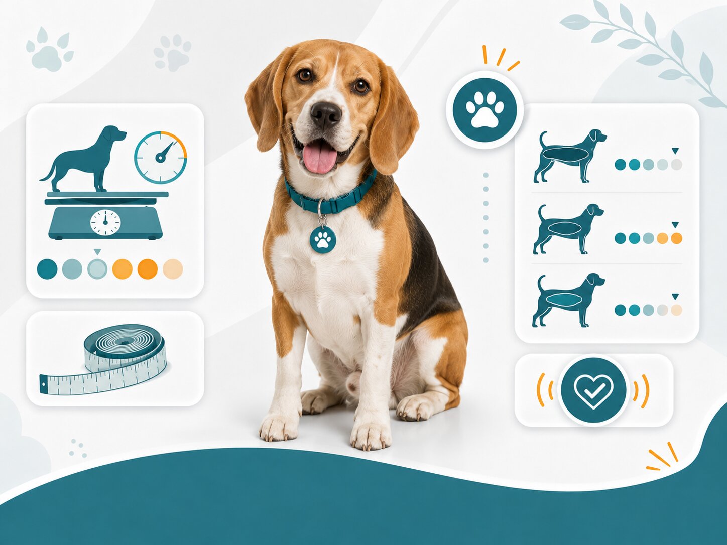 Dog on scale with body condition chart — Dog Weight & Body Condition Checker